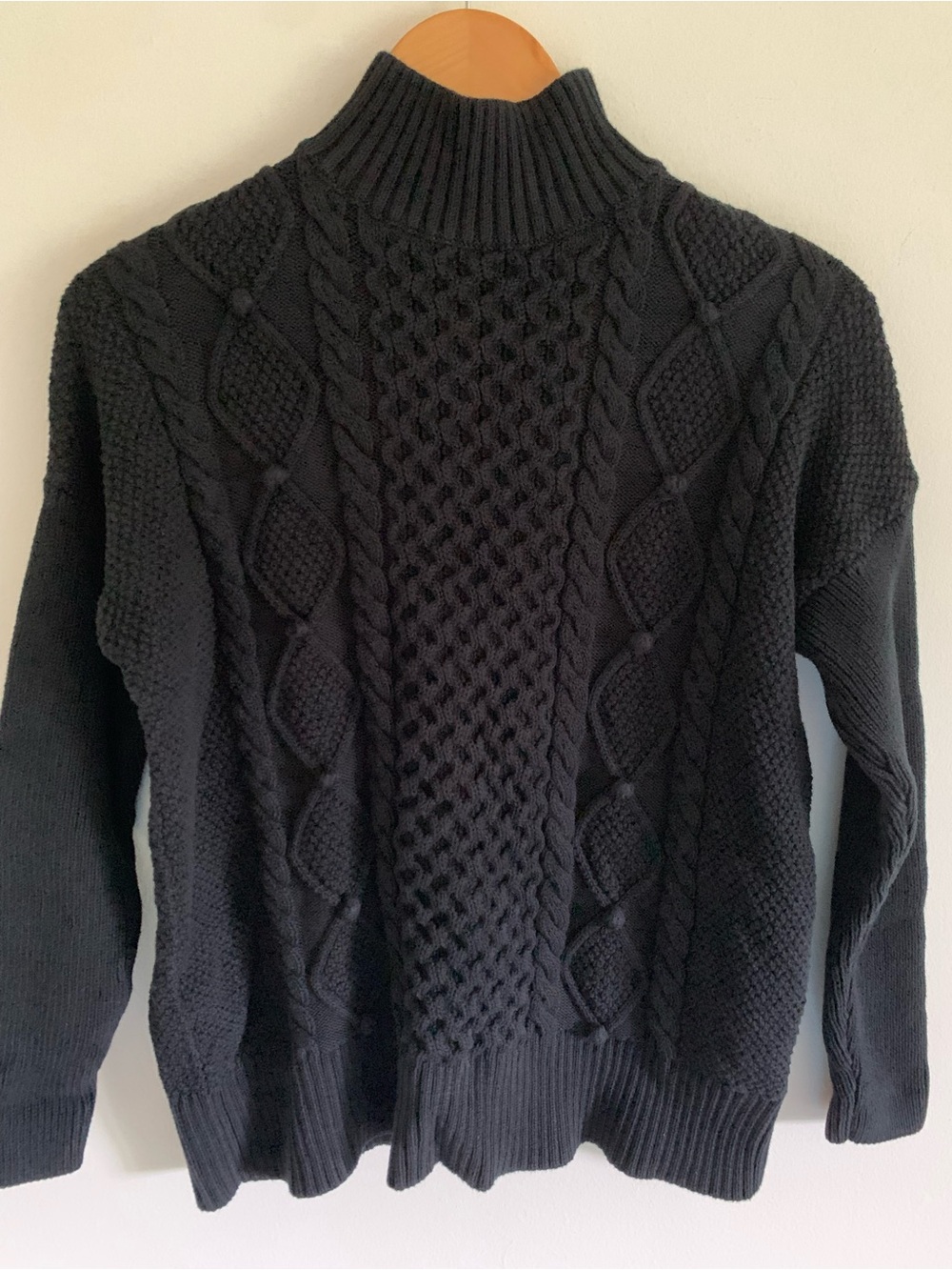 J.Crew Swingy Cable Knit Mock-Neck Pom Pom PuffBall Cotton Sweater, Black, Small